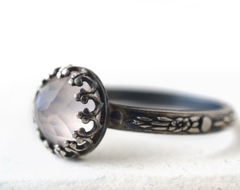 Dainty Rose Quartz Ring, Women's Natural Pink Gemstone Jewelry, Gothic Oxidized Silver Victorian Style Floral Band
