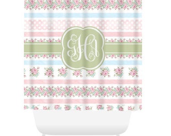 Personalized Shower Curtain, Monogram Shabby Chic Shower Curtain, Cottage Bath Decor, Custom Girls Bathroom Shower Curtain
