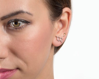 Molecule earring serotonin, ear crawler, science jewelry, silver earring chemistry, ear climber, August birthstone, peridot earring gemstone