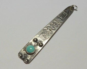 SALE Vintage Sterling Silver Turquoise Long Pressed Design Pendant