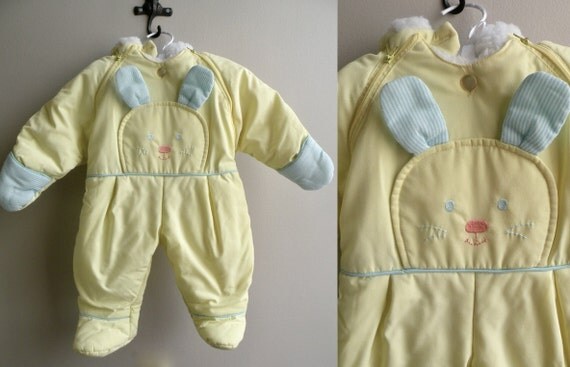 70s 80s Hooded Baby Bundler Bunting Bag Snow Suit One Piece Yellow Bunny  - 3- 6 months