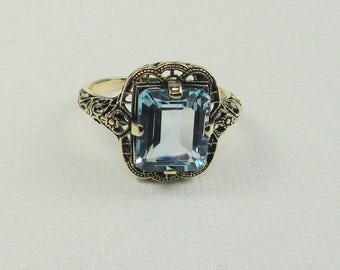 Filigree Blue Topaz Ring; Yellow Gold Filigree Ring; Blue Topaz Ring; Topaz Ring; Topaz Filigree Ring; Emerald Cut Blue Topaz Ring