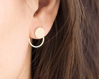 Textured Disc Front Stud Circle Hoop Ear Jacket Earrings, Silver / Gold / Pink Gold, Geometric Jewelry, Bridesmaid Girlfriend Gift, de gj