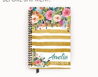 Planner Calendar 2017 Agenda with Watercolor Floral on Butterscotch Stripes
