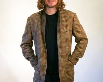 60s Houndstooth Blazer, Tweed Sport Coat, Tan & Green Blazer, Houndstooth Jacket, L, 42L