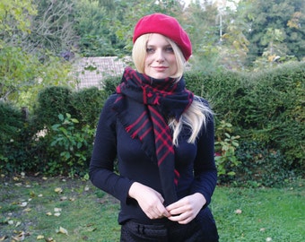 Vintage black and red squared wool shawl
