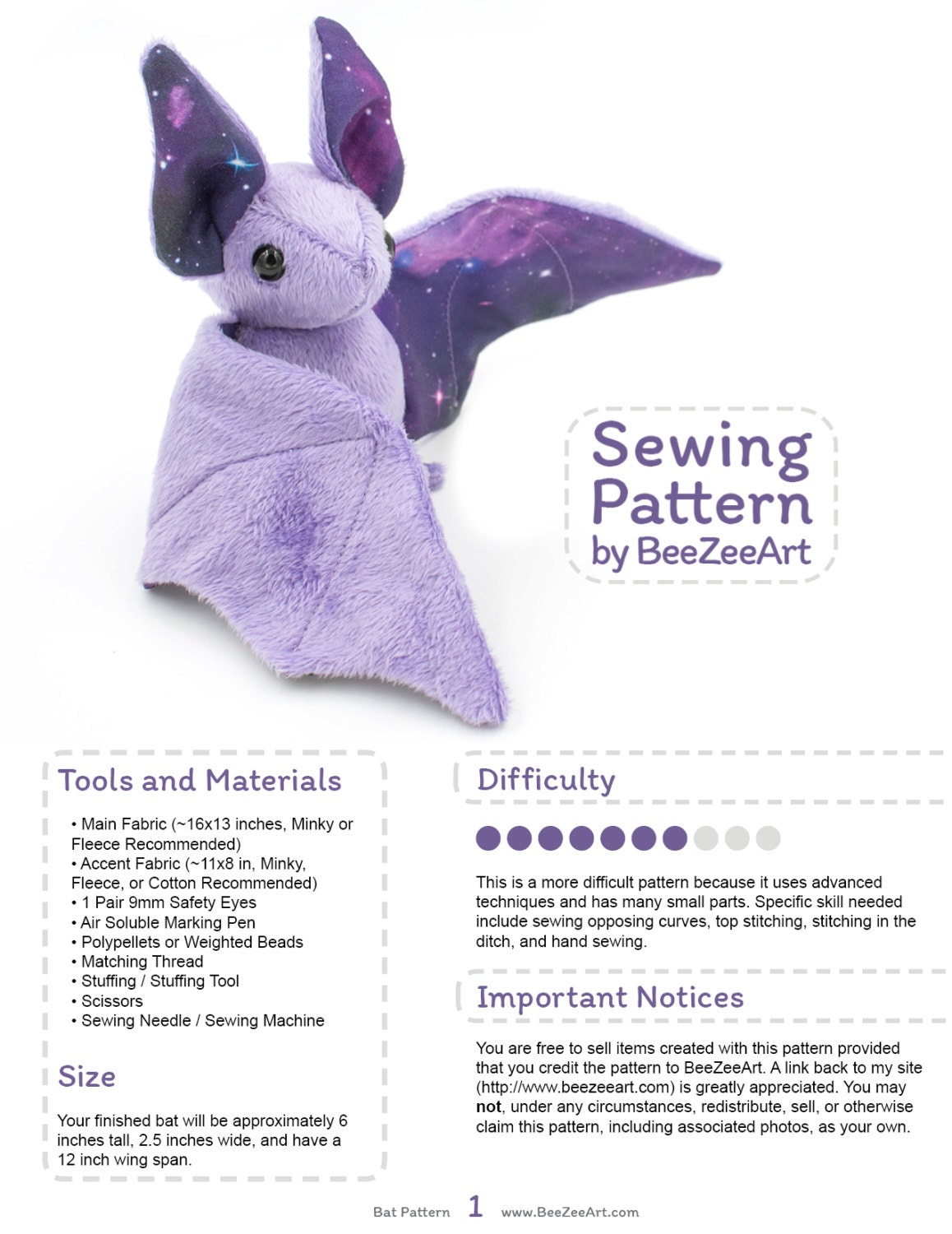 Stuffed Animal Bat Sewing Pattern Plush Toy Pattern PDF