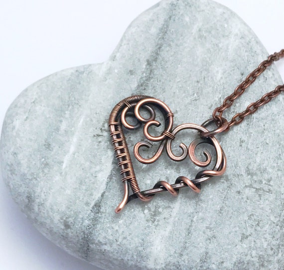 Copper Heart Necklace Wire Wrapped Heart Pendant by KianDesigns