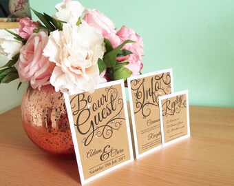 Be Our Guest Wedding Invitation Set SAMPLE. Includes Kraft Card on Hammered White Card Invitation, RSVP, Envelope and Venue Information.