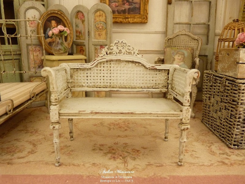 Miniature Shabby French loveseat Distressed gray Gustavian