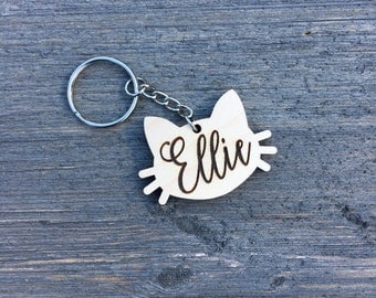 Personalized Cat Keychain, Wood Keychain, Engraved Wood Keychain, Cute Anniversary Wedding Birthday Christmas Bridesmaid Key Chain Ring Gift