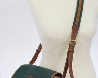 Vintage 1980s Green and British Tan Dooney and Bourke pebbled leather purse/ crossbody/ satchel/ saddlebag/ all weather leather bag