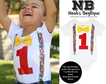 Superhero Birthday Shirt - First Birthday - Second Birthday - Comic Book - Superhero First Birthday - Bow Tie and Suspenders Themes for Boys