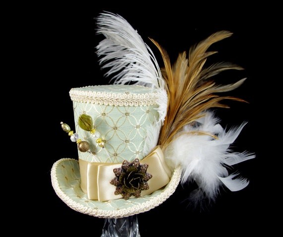 Pale Green and Cream Empress Collection Large Mini Top Hat Fascinator, Alice in Wonderland, Mad Hatter Tea Party, Derby Hat by TheWeeHatter steampunk buy now online