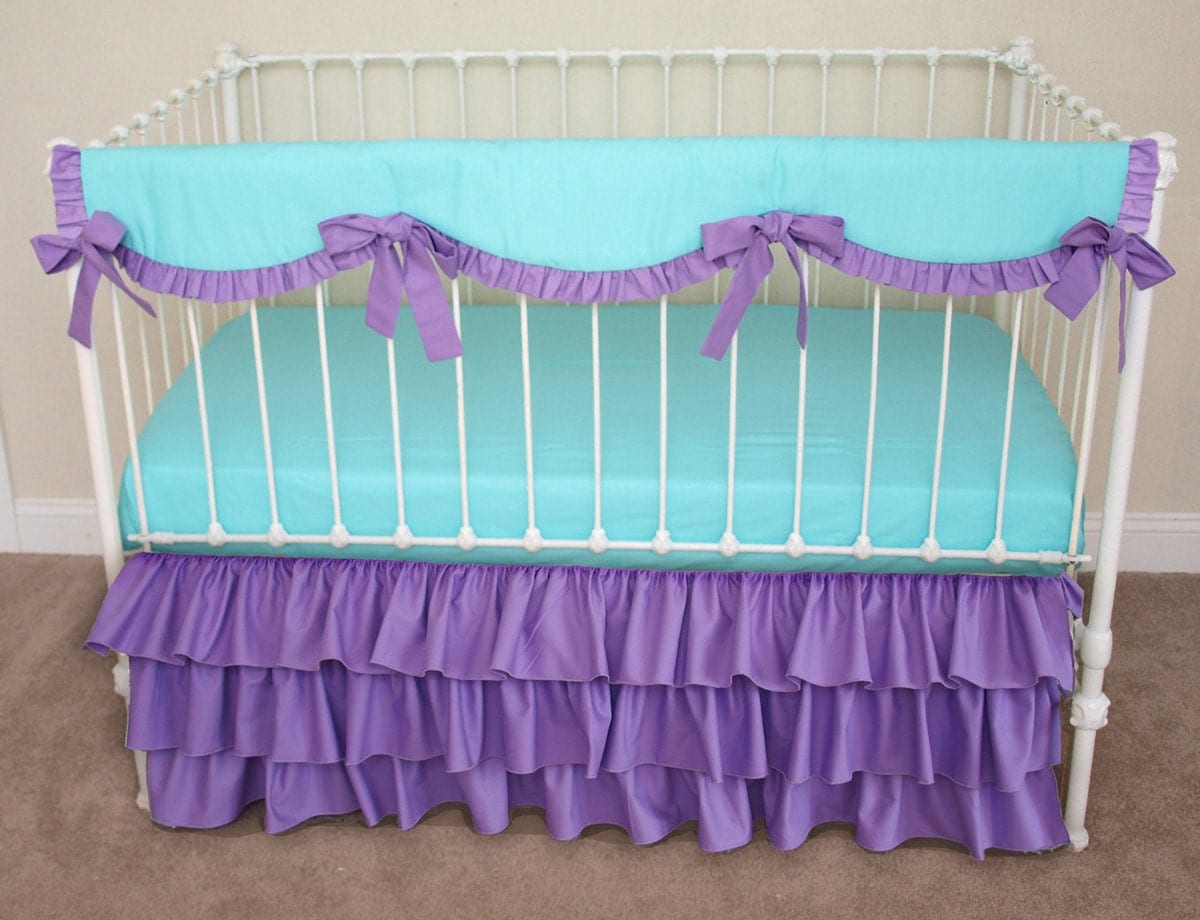 Bumperless Aqua and Purple Baby Girl Crib Cot Bedding with