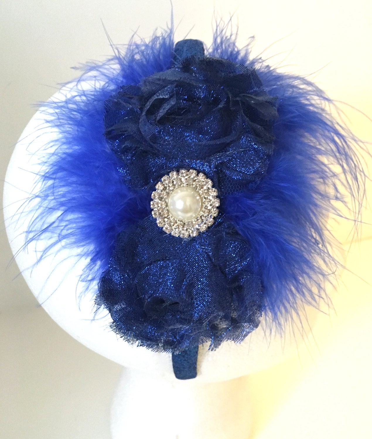Royal Blue Glitter Marabou Headband. Holiday Blue Shabby Pearl