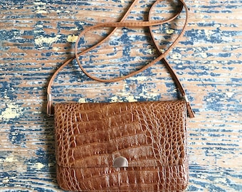 1970s Crocodile Print Genuine Leather Purse / Crossbody Bag