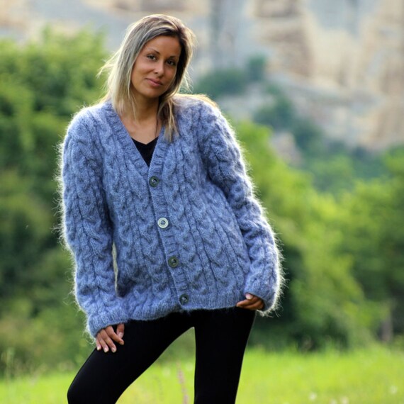 Cable Hand Knit Mohair Cardigan Fuzzy Coat Jumper Jersey