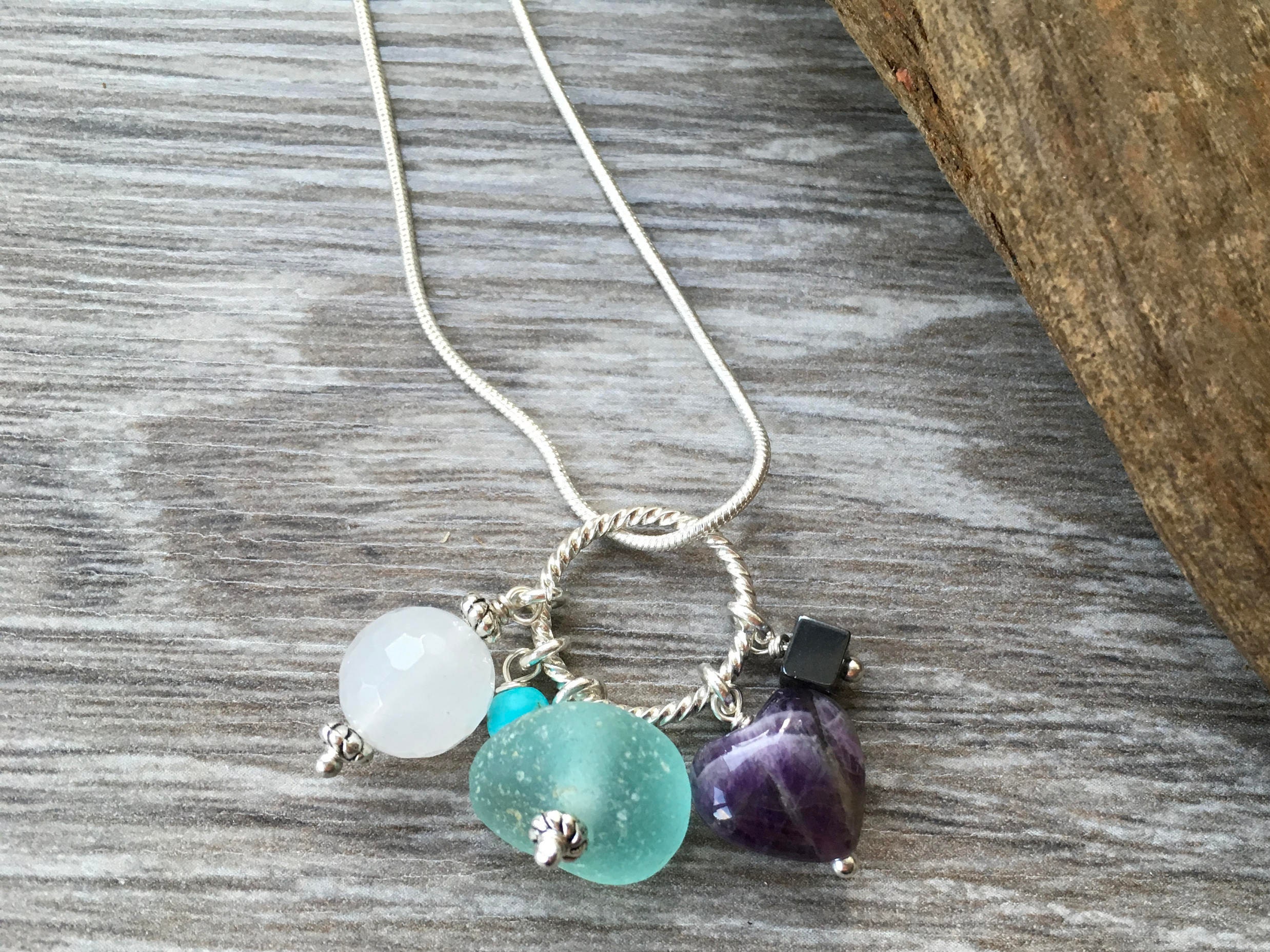 Pale blue Sea glass necklace, gemstone jewelry, cluster charm pendant ...