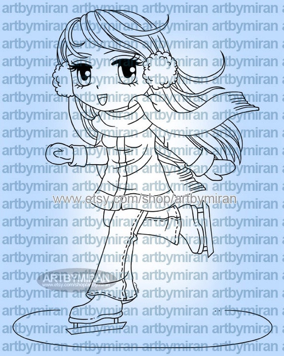 Digital Stamp - Ice Skater Macy(#151), Christmas Digi Stamp, Coloring page, Printable Line art for Card and Craft Supply