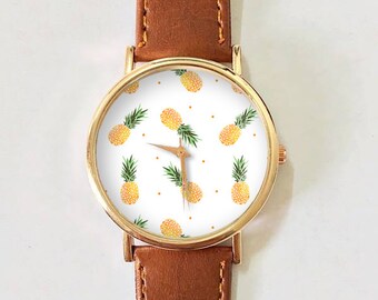 Pineapple Watch. Women Watches. Jewelry. Print. Gift. Leather. Tropical Fruit. Girlfriend Sister. Ladies Wrist Watch. Best Friend. Freeforme