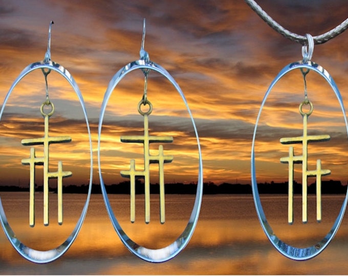 Calvary 3 Cross Hoop Earrings Necklace Pendant Set Silver Gold Cross Christian Jewelry - Saint Michaels Jewelry - Calvary Three Cross