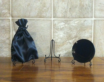 Small Concave Black Glass Scrying Mirror with Stand and Satin Pouch