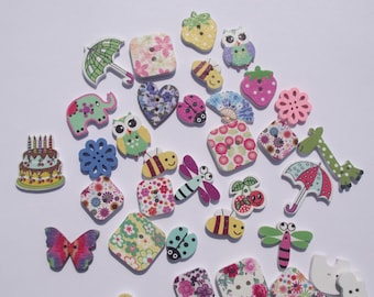 DESTASH WOODEN BUTTONS,Button Lot,Painted Wood Buttons,Craft Sewing Supplies,Scrapbook Supplies,Bees,Birthday Cake,Butterfly,Animal,Flower