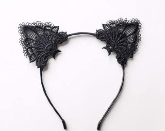 Cat Headband - Party headband - Cat Ear headband - Hair accessories - Handmade - Pin up headband - Black Lace headband - Lace cat ears