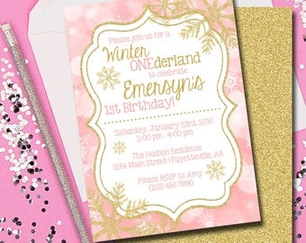 Winter ONEderland Invitation, Pink and Gold Winter ONEderland, Pink and Gold, Snowflakes, Printable