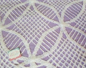 Vintage Chenille Fabric/18"x 24"/ Plush Purple- white Star & Checks / Bedspread fabric for Quilting projects/ 195o's-cottage chic fabric