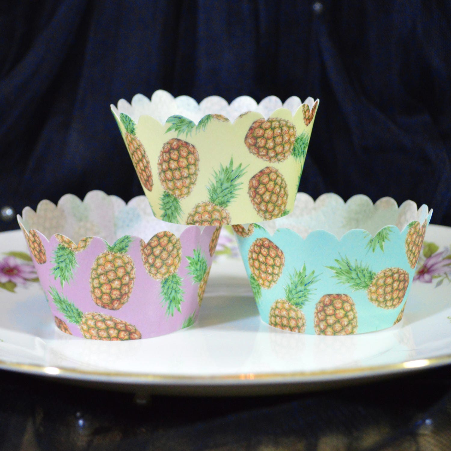 Edible Cupcake Wrappers Pineapple Tropical Chintz x12 Blue