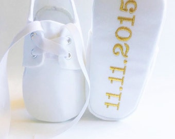 White Baby Baptism, Christening, Oxford Shoes with FREE Custom Personalized Metallic Gold Embroidery, sneakers, Blessing, Presentation White