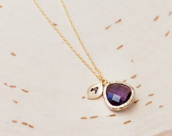 February necklace, Amethyst necklace, Birthstone Initial custom necklace, gold leaf stone jewelry, birthstone necklace