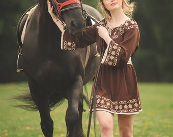 Brown coffee flower embroidery folk dress