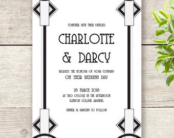 Art Deco Wedding Invitation template, 5x7 printable invitations, Gatsby. Edit in Word or Pages
