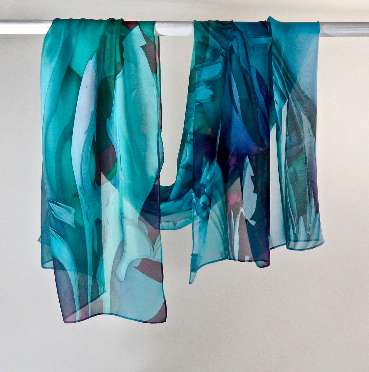 Silk Chiffon Long Scarf Abstract Azure blue design