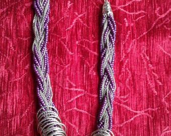 Braided Beaded Necklace With Loops / Multi strand necklace, Jeans Necklace, Braided Purple Necklace