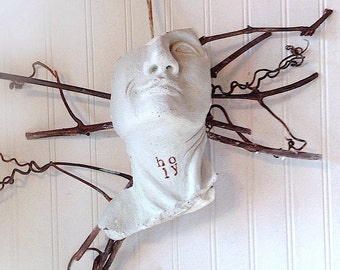 Modern folk art face wall sculpture, modern folk art, garden sculpture, folk art sculpture, face mask, wall sculpture, face, twig art, twigs