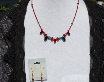 Teal and Dark Red Swarovski Crystal Necklace and Earring Set, Bridesmaid, Wedding, Prom, Quinceanera, Bling, Princess
