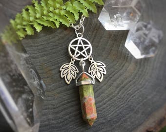 Crystal Pentacle necklace, Earth Witch, wiccan jewelry, Amethyst, Opalite, Rose Quartz, Obsidian, you choose