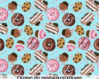 Teatime Sweets By The Yard - Dounut, Cake, Cupcakes, Chocolate Chip Cookies, and Gumball Sprinkles Print in Yard & Fat Quarter