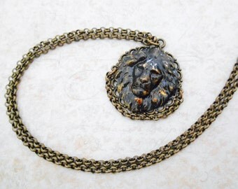 Lion Necklace, Brass Necklace, Brass Lion