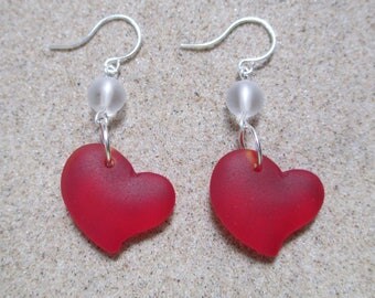 Sea Glass Heart Earrings ~ 3rd Anniversary Gift ~ Red Heart Earrings ~ Coastal Jewelry ~ Beach Earrings ~ Nautical Jewelry ~ Gift Under 20
