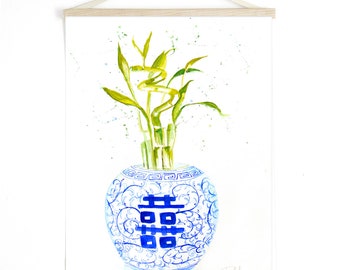Blue and White Ginger Jar Art, Ginger Jar Print, Double Happiness Jar, Bamboo Art, Chinoiserie Print, Chinoiserie Art, China, Watercolor