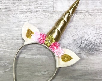 UNICORN FLOWER CROWN, Unicorn Headband, Gold Unicorn Horn, Unicorn Birthday, Party Favor, Hair Accessory, Unicorn Headpiece, Unicorn Costume
