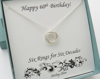 60th Birthday Gifts for Women, 60th Birthday Necklace, Sterling Silver, Gold, Rose Gold, 6th anniversary, 60th anniversary,Six Rings,6 rings