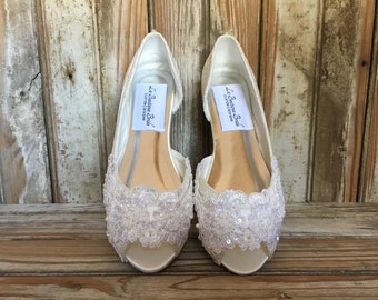 Open Toe Lace Beaded Flat Satin and Lace Bridal Shoe Peep Toe Lace Wedding Flat Shoe