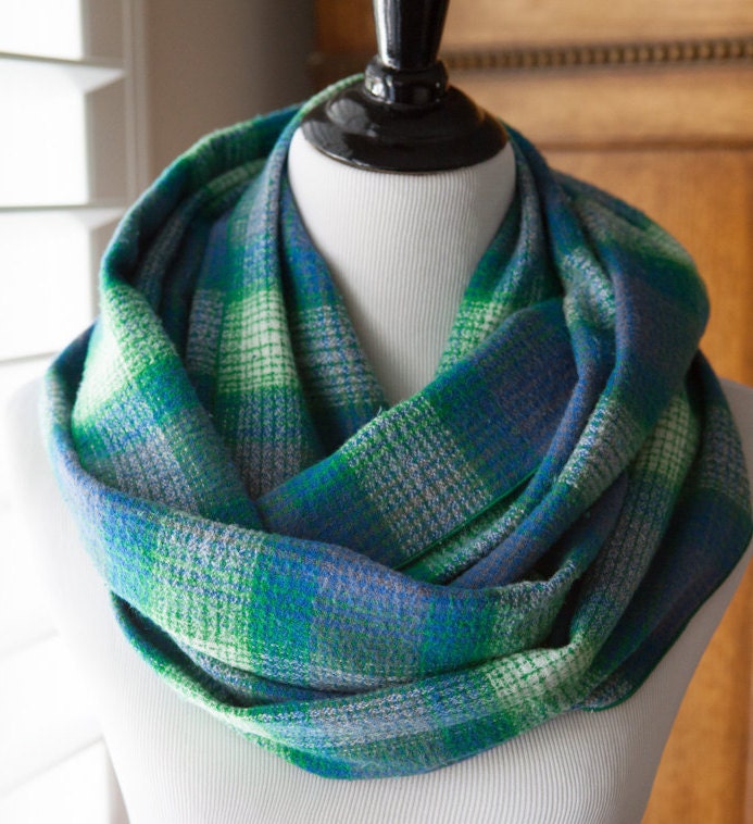INFINITY SCARF Bright Green and Blue Plaid Flannel Infinity
