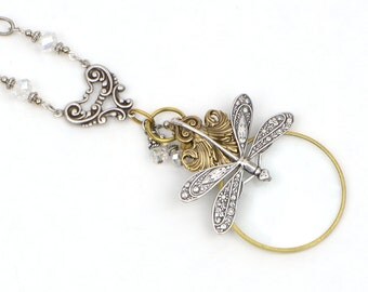 Steampunk Dragonfly Necklace, Silver Magnifying Glass Necklace, Brass Dragonfly Jewelry, Mixed Metal Jewelry, Long Layering Necklace